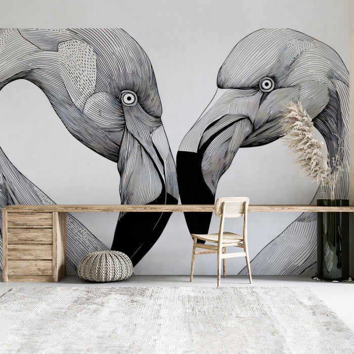 Flamingo Heart Silhouette Intimate Line Art Mural Wallpaper | High Contrast, Black White Romance