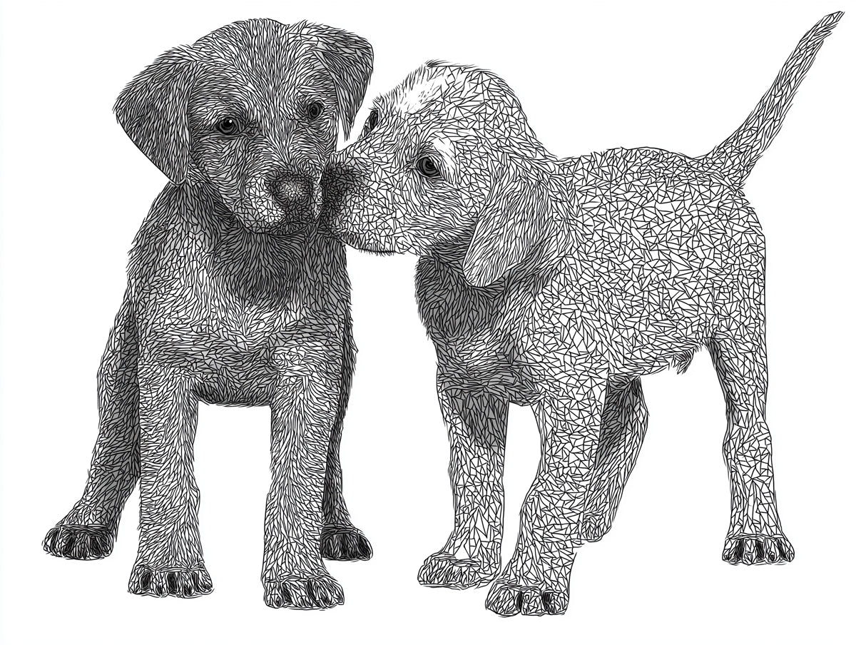 Puppy Duo Abstract Sketch Animal Portraiture Mural Wallpaper | High Contrast, Wireframe Hatching Texture