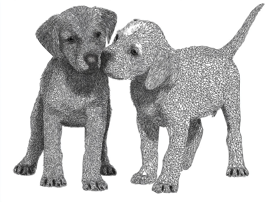 Puppy Duo Abstract Sketch Animal Portraiture Mural Wallpaper | High Contrast, Wireframe Hatching Texture