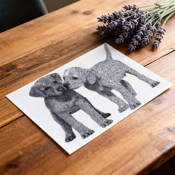 Puppy Duo Abstract Sketch Animal Portraiture Mural Wallpaper | High Contrast, Wireframe Hatching Texture