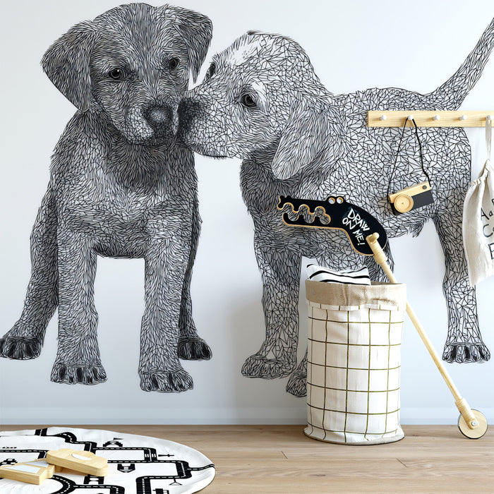 Puppy Duo Abstract Sketch Animal Portraiture Mural Wallpaper | High Contrast, Wireframe Hatching Texture