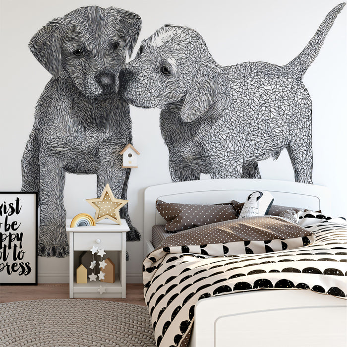 Puppy Duo Abstract Sketch Animal Portraiture Mural Wallpaper | High Contrast, Wireframe Hatching Texture