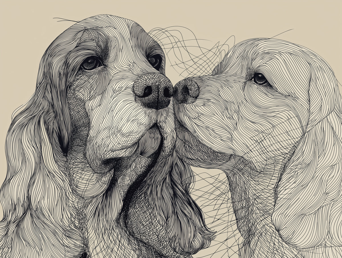 Spaniel Duo Line Art Intimate Pet Close-up Mural Wallpaper | Fluid Linework, Monochrome Texture