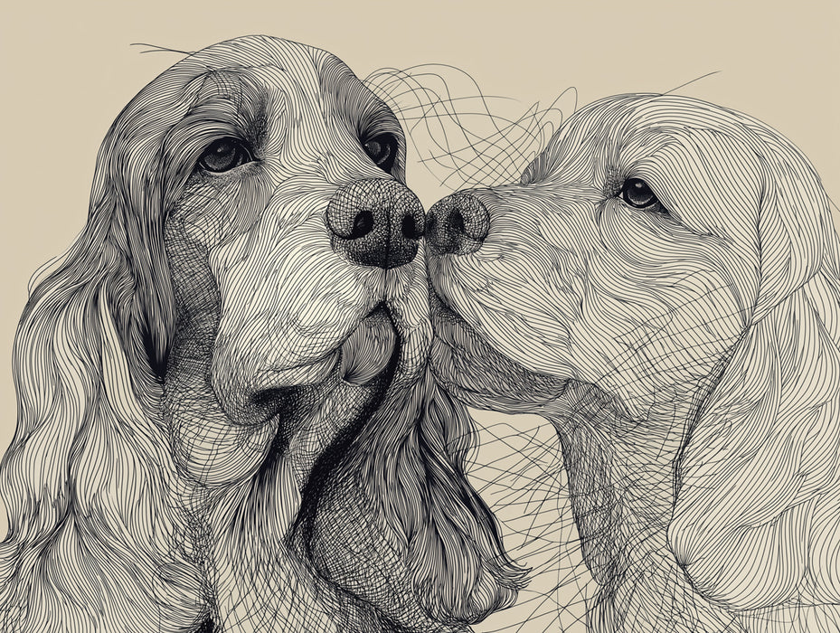 Spaniel Duo Line Art Intimate Pet Close-up Mural Wallpaper | Fluid Linework, Monochrome Texture
