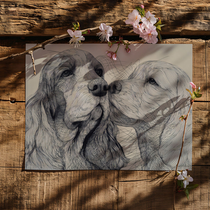 Spaniel Duo Line Art Intimate Pet Close-up Mural Wallpaper | Fluid Linework, Monochrome Texture
