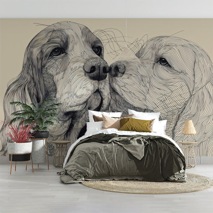 Spaniel Duo Line Art Intimate Pet Close-up Mural Wallpaper | Fluid Linework, Monochrome Texture
