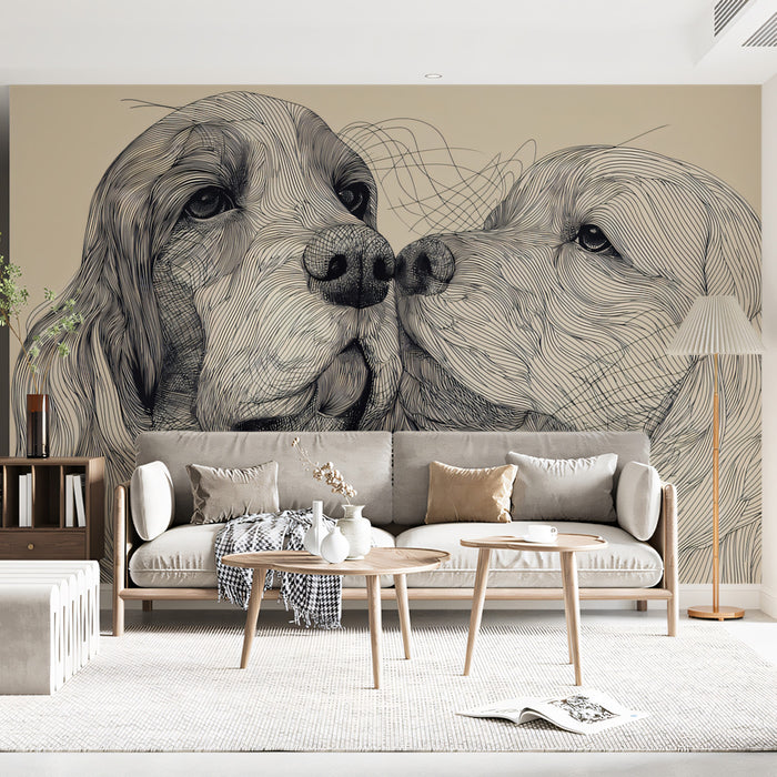 Spaniel Duo Line Art Intimate Pet Close-up Mural Wallpaper | Fluid Linework, Monochrome Texture
