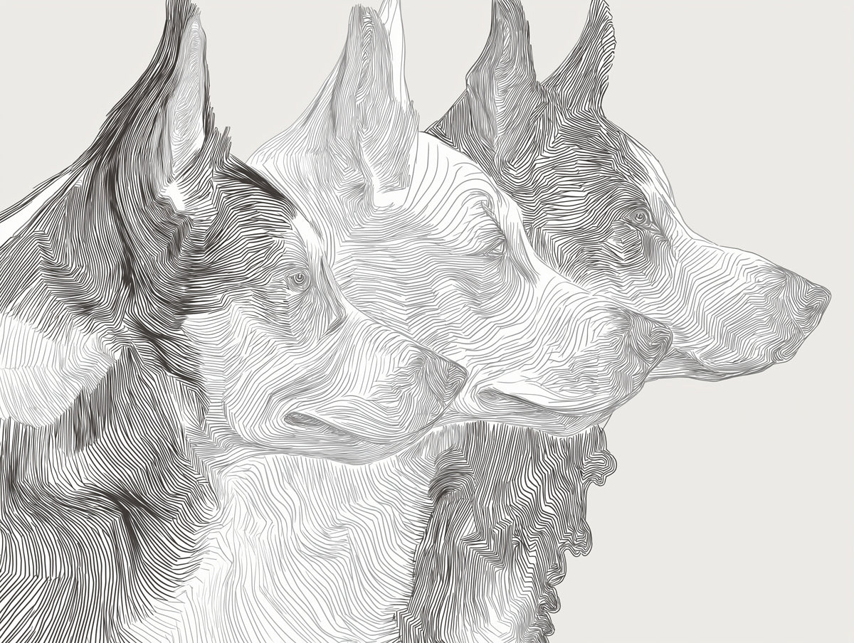 Abstract Dog Profile Line Art Dynamic Canine Trio Mural Wallpaper | Layered Linework, High Contrast