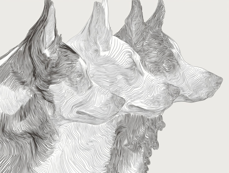 Abstract Dog Profile Line Art Dynamic Canine Trio Mural Wallpaper | Layered Linework, High Contrast