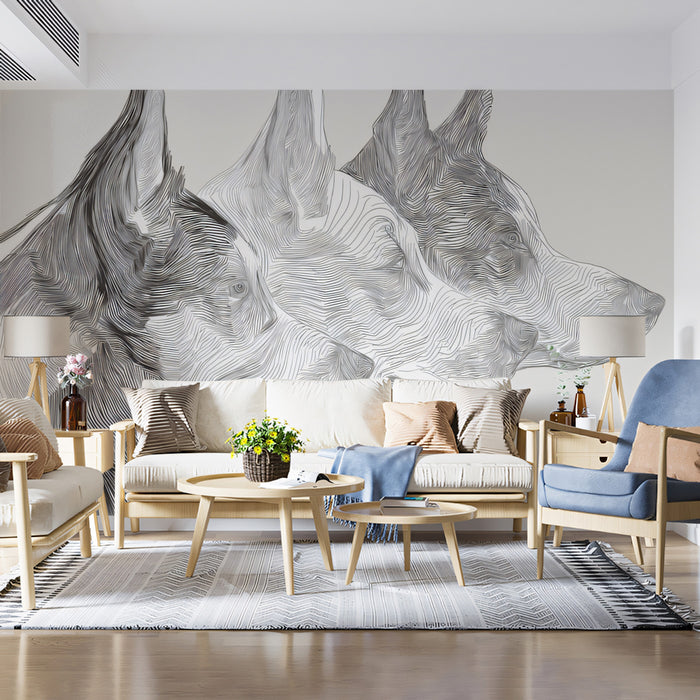 Abstract Dog Profile Line Art Dynamic Canine Trio Mural Wallpaper | Layered Linework, High Contrast