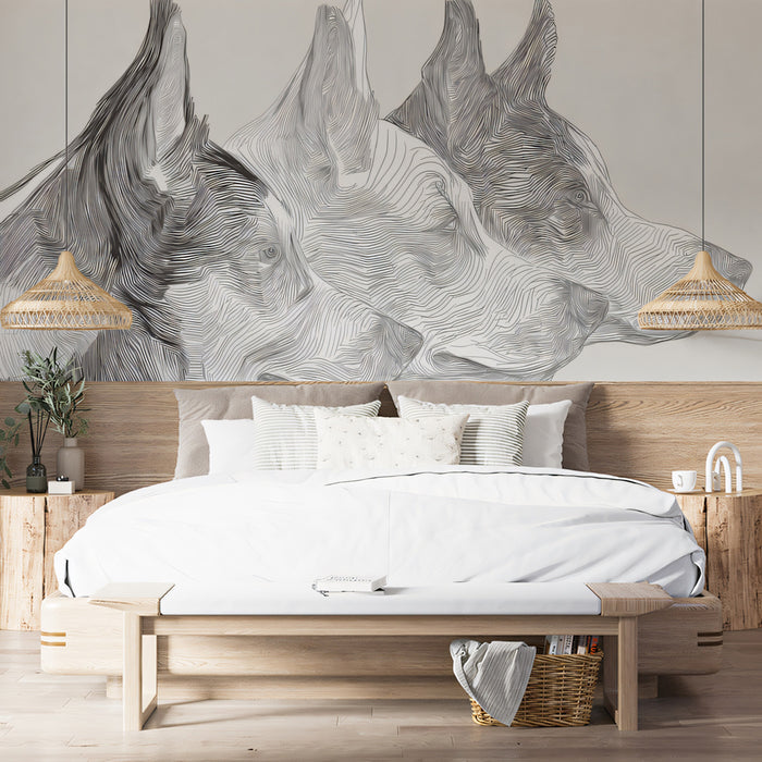 Abstract Dog Profile Line Art Dynamic Canine Trio Mural Wallpaper | Layered Linework, High Contrast