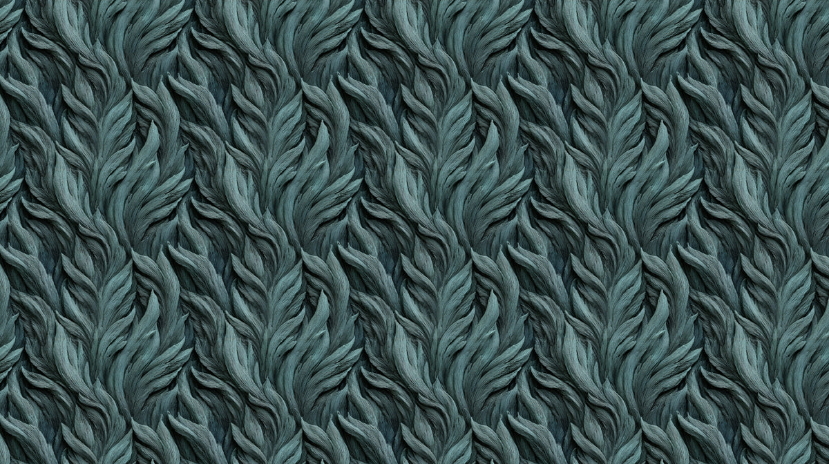 Deep Teal Feather Texture High-Contrast 3D Relief Repeating Print Mural Wallpaper | Organic Pattern