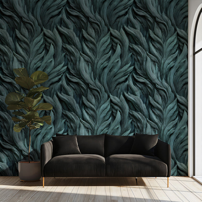 Deep Teal Feather Texture High-Contrast 3D Relief Repeating Print Mural Wallpaper | Organic Pattern