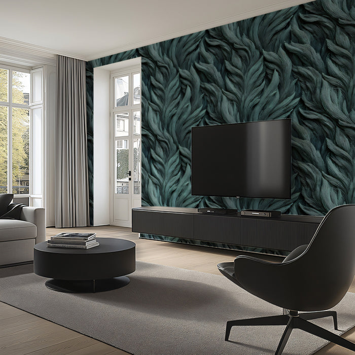 Deep Teal Feather Texture High-Contrast 3D Relief Repeating Print Mural Wallpaper | Organic Pattern