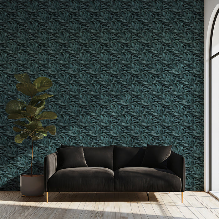 Micro Leaf Dark Teal Dense Foliage Subtle Monochrome Texture Repeating Print Mural Wallpaper