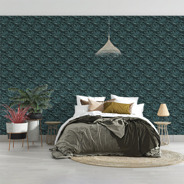 Micro Leaf Dark Teal Dense Foliage Subtle Monochrome Texture Repeating Print Mural Wallpaper