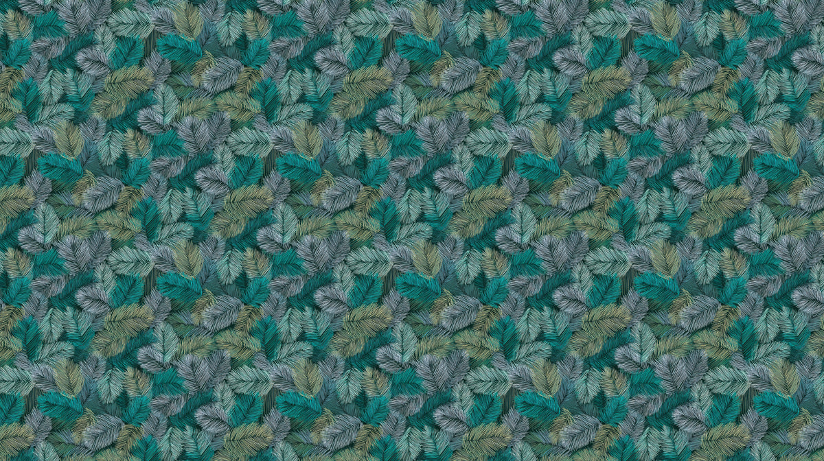Feathered Tropical Frond Dynamic Botanical Texture Repeating Print Mural Wallpaper | Teal Gray Mix