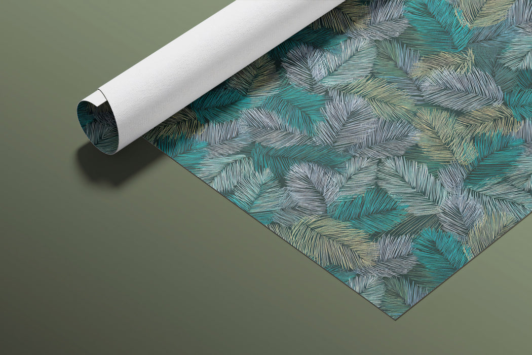 Feathered Tropical Frond Dynamic Botanical Texture Repeating Print Mural Wallpaper | Teal Gray Mix