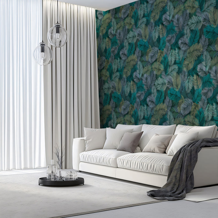 Feathered Tropical Frond Dynamic Botanical Texture Repeating Print Mural Wallpaper | Teal Gray Mix