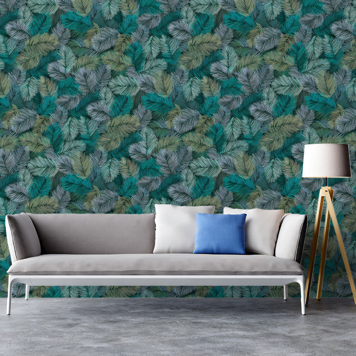 Feathered Tropical Frond Dynamic Botanical Texture Repeating Print Mural Wallpaper | Teal Gray Mix