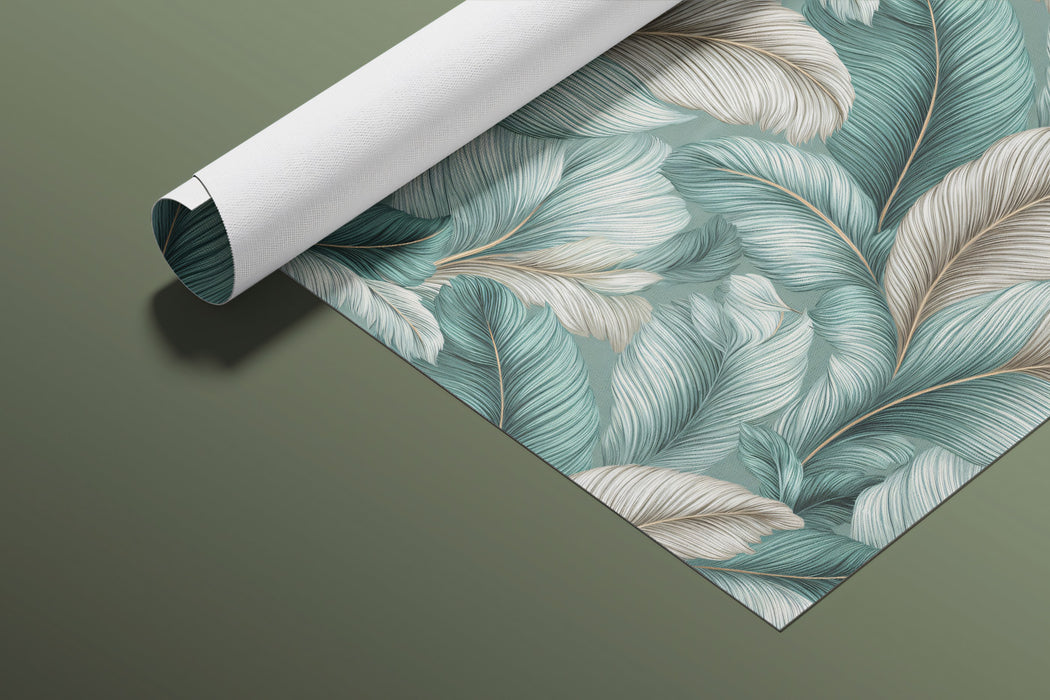 Soft Feathered Frond Elegant Tropical Texture Repeating Print Mural Wallpaper | Teal Beige White
