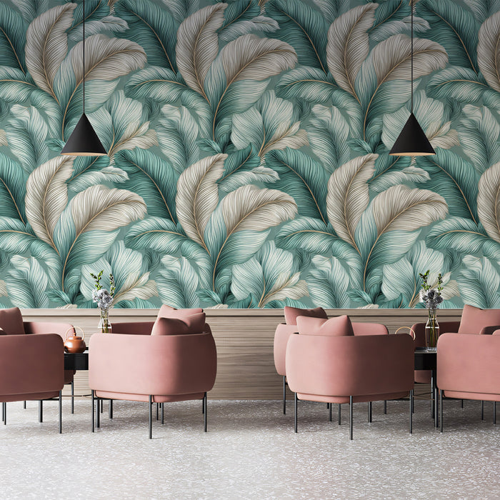 Soft Feathered Frond Elegant Tropical Texture Repeating Print Mural Wallpaper | Teal Beige White