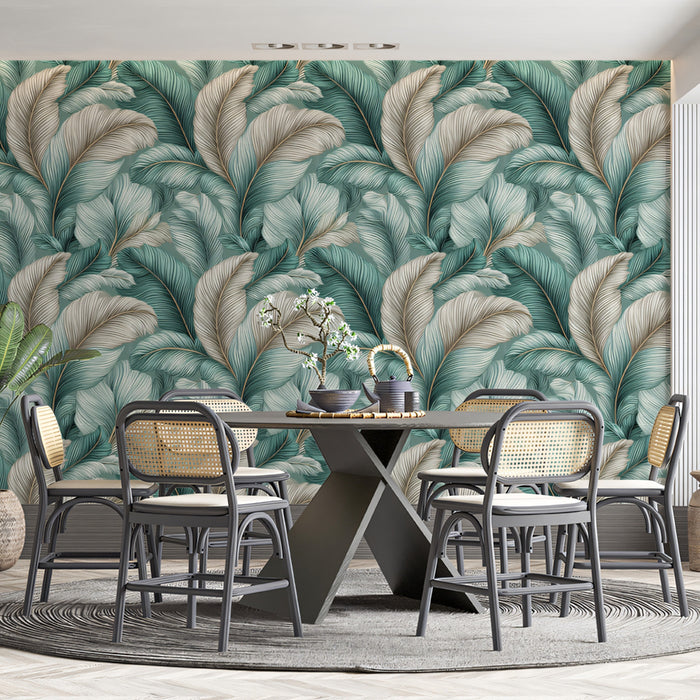 Soft Feathered Frond Elegant Tropical Texture Repeating Print Mural Wallpaper | Teal Beige White