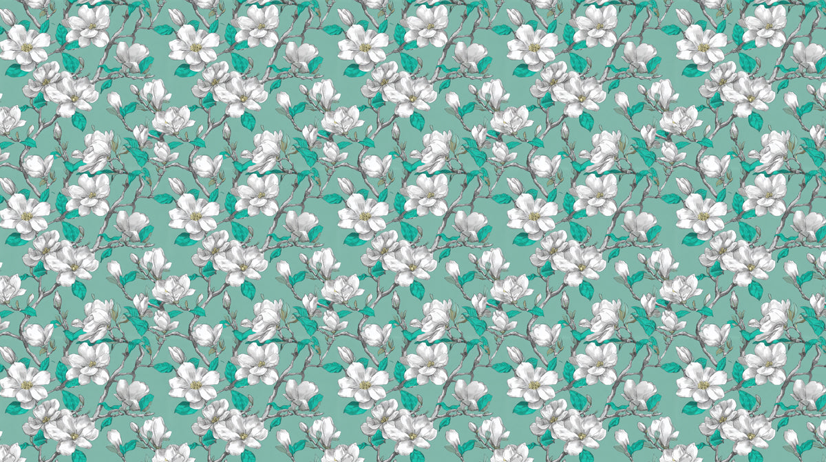White Magnolia Teal Backdrop Floral Botanical Repeating Print Mural Wallpaper | Vibrant Color Contrast