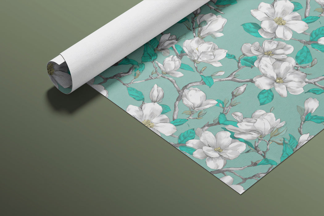 White Magnolia Teal Backdrop Floral Botanical Repeating Print Mural Wallpaper | Vibrant Color Contrast