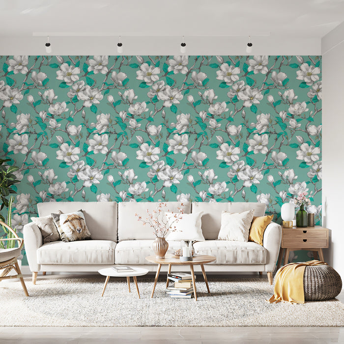 White Magnolia Teal Backdrop Floral Botanical Repeating Print Mural Wallpaper | Vibrant Color Contrast