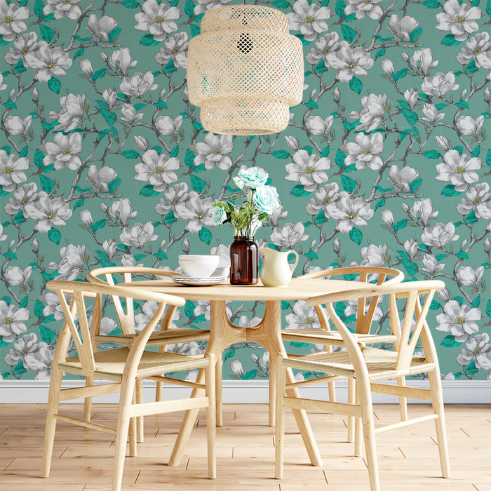 White Magnolia Teal Backdrop Floral Botanical Repeating Print Mural Wallpaper | Vibrant Color Contrast