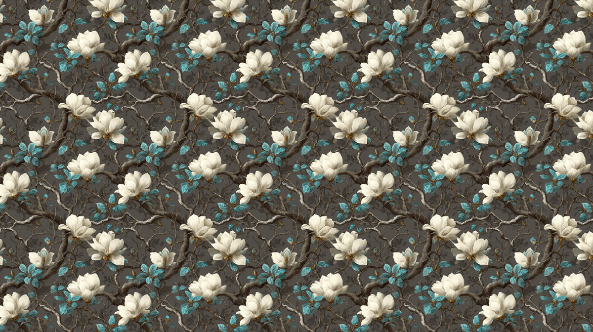 Dark Magnolia Pattern White Teal Blooms Repeating Print Mural Wallpaper | Moody Botanical Texture