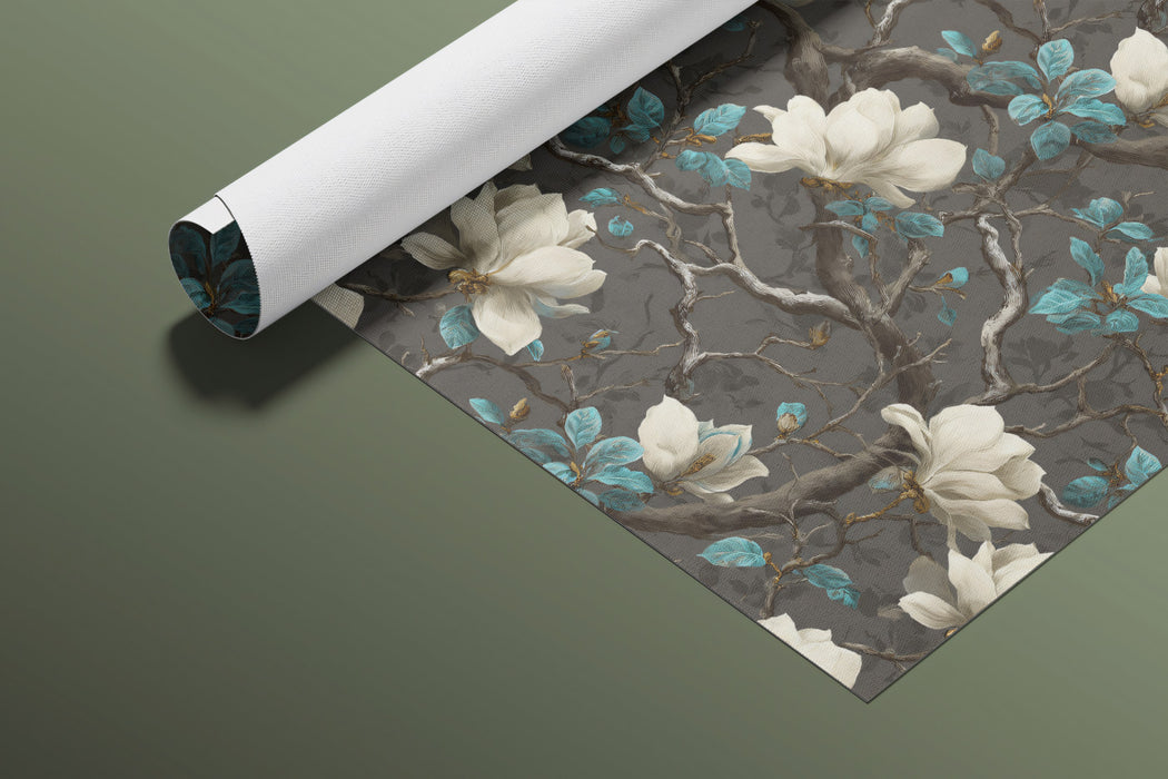 Dark Magnolia Pattern White Teal Blooms Repeating Print Mural Wallpaper | Moody Botanical Texture