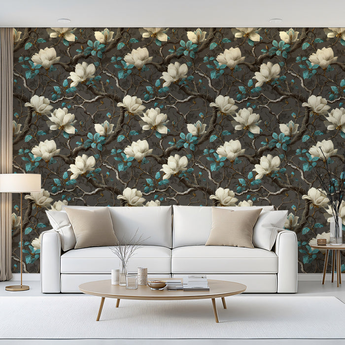 Dark Magnolia Pattern White Teal Blooms Repeating Print Mural Wallpaper | Moody Botanical Texture
