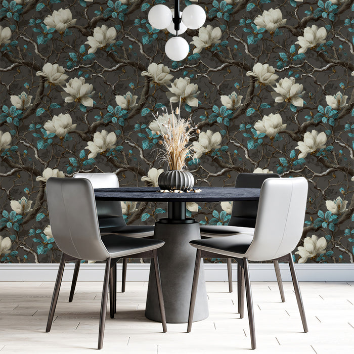 Dark Magnolia Pattern White Teal Blooms Repeating Print Mural Wallpaper | Moody Botanical Texture