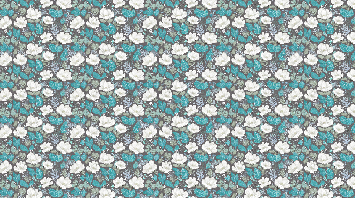 Dense Teal White Floral Small Scale Botanical Motif Repeating Print Mural Wallpaper | Dark Background