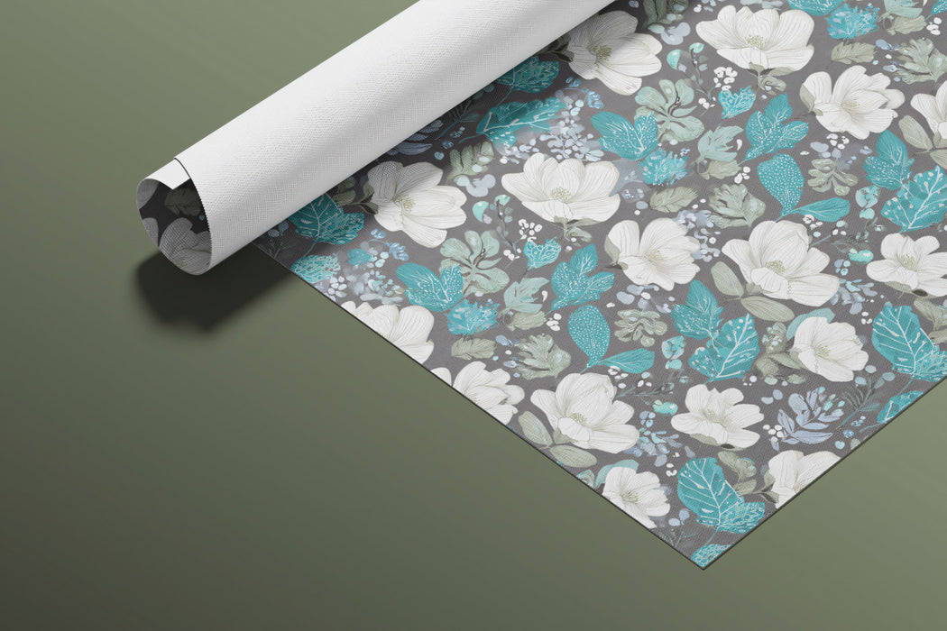Dense Teal White Floral Small Scale Botanical Motif Repeating Print Mural Wallpaper | Dark Background