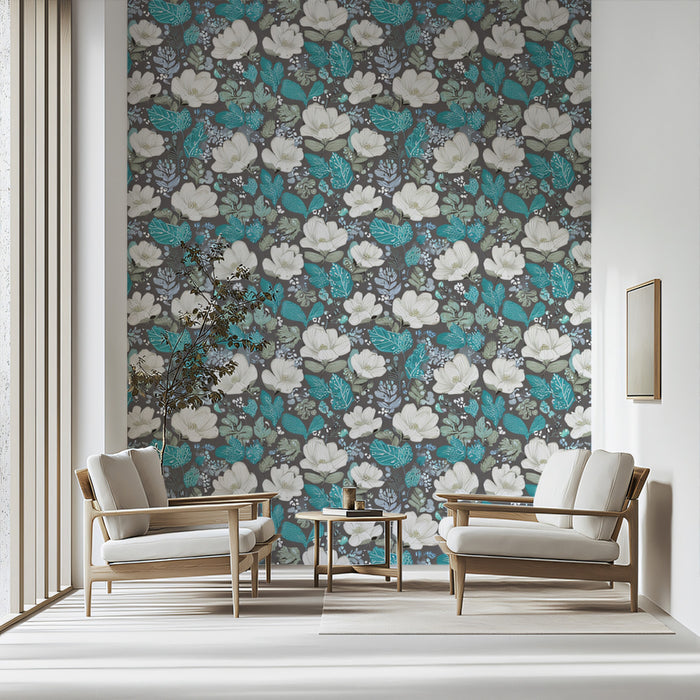 Dense Teal White Floral Small Scale Botanical Motif Repeating Print Mural Wallpaper | Dark Background