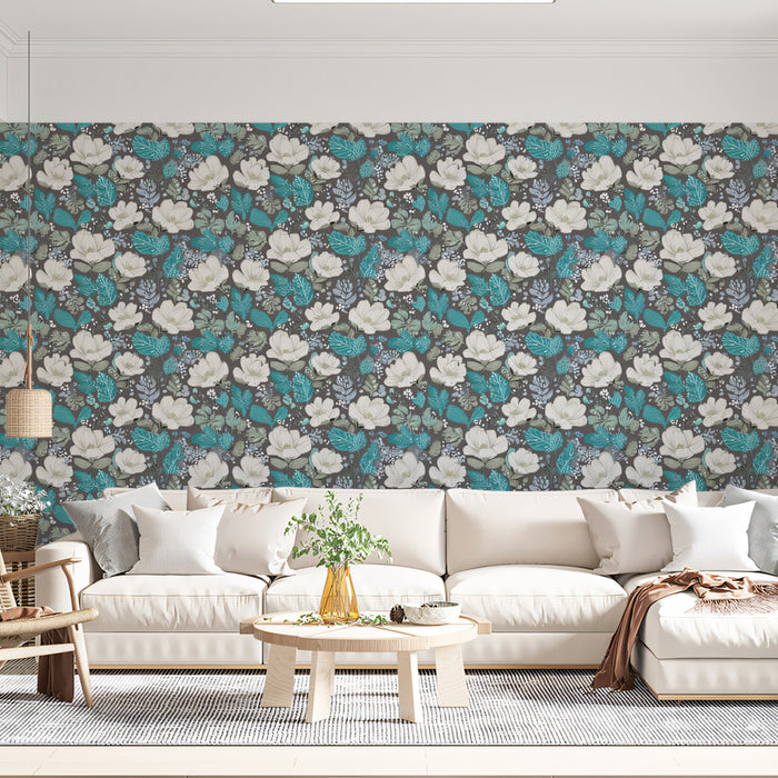 Dense Teal White Floral Small Scale Botanical Motif Repeating Print Mural Wallpaper | Dark Background