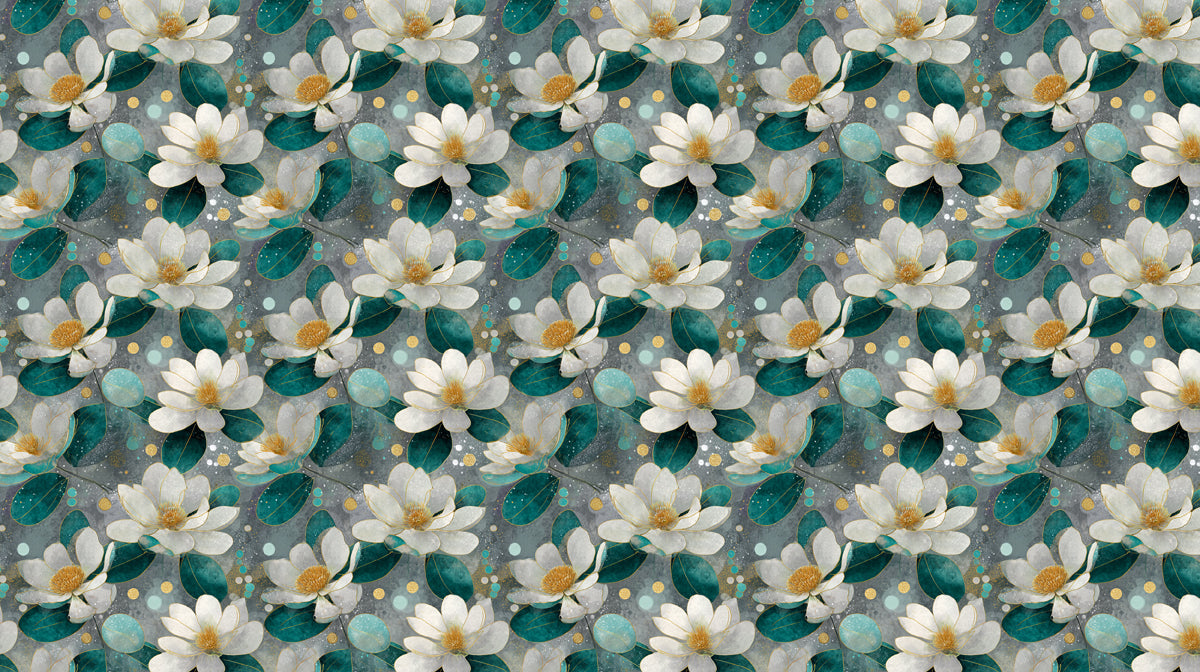 Abstract Magnolia Bloom Watercolor Effect Repeating Print Mural Wallpaper | Teal Watery Background, Contemporary Floral