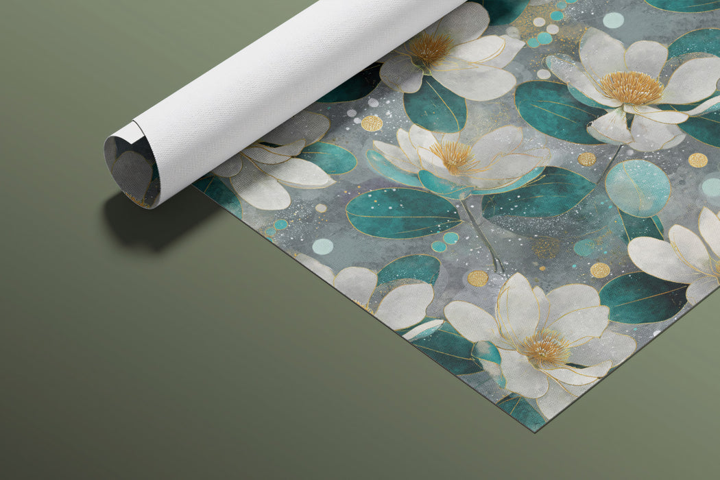 Abstract Magnolia Bloom Watercolor Effect Repeating Print Mural Wallpaper | Teal Watery Background, Contemporary Floral