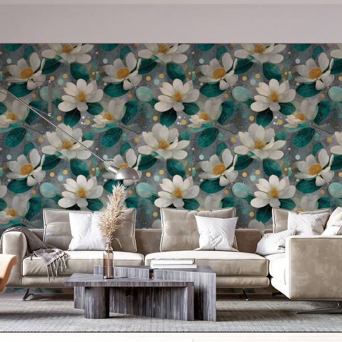 Abstract Magnolia Bloom Watercolor Effect Repeating Print Mural Wallpaper | Teal Watery Background, Contemporary Floral