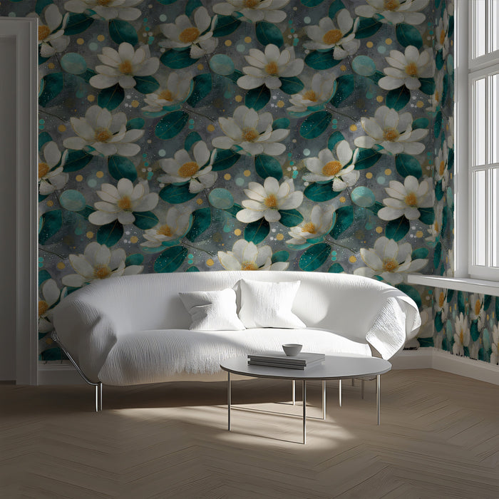 Abstract Magnolia Bloom Watercolor Effect Repeating Print Mural Wallpaper | Teal Watery Background, Contemporary Floral
