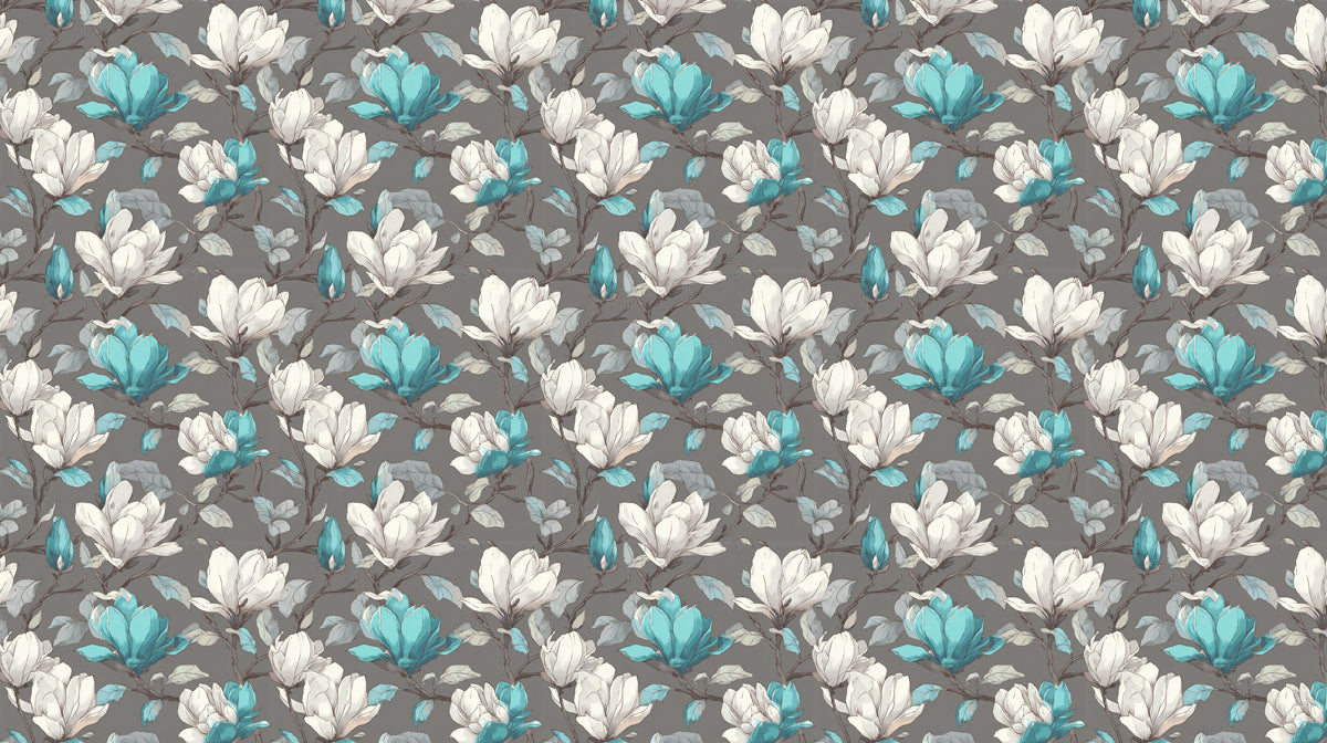 Dual-Tone Magnolia Floral Blue White Blossoms Repeating Print Mural Wallpaper | Dark Gray Background, Modern Classic