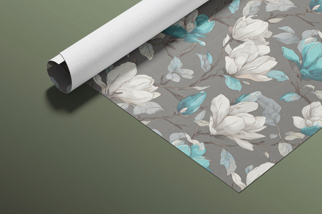 Dual-Tone Magnolia Floral Blue White Blossoms Repeating Print Mural Wallpaper | Dark Gray Background, Modern Classic