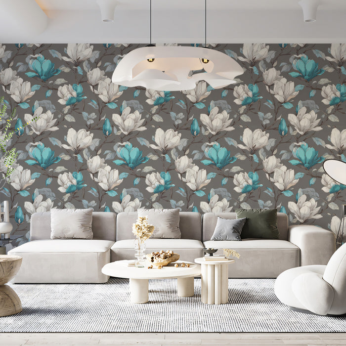 Dual-Tone Magnolia Floral Blue White Blossoms Repeating Print Mural Wallpaper | Dark Gray Background, Modern Classic