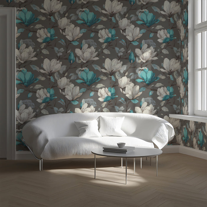 Dual-Tone Magnolia Floral Blue White Blossoms Repeating Print Mural Wallpaper | Dark Gray Background, Modern Classic