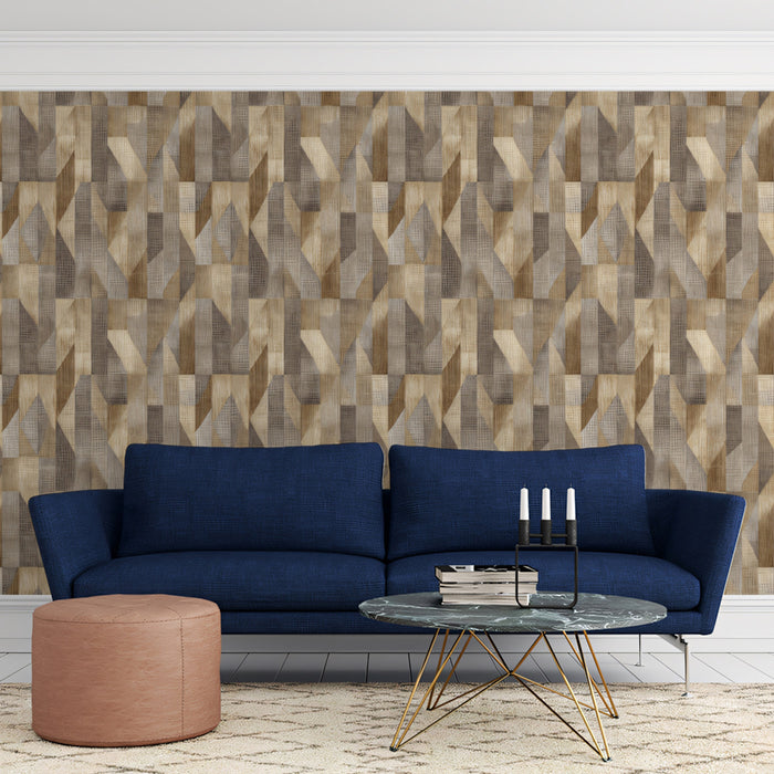 Cubist Geometric Wood Texture Interlocking 3D Prism Mosaic Repeating Print Mural Wallpaper | Earth Tones