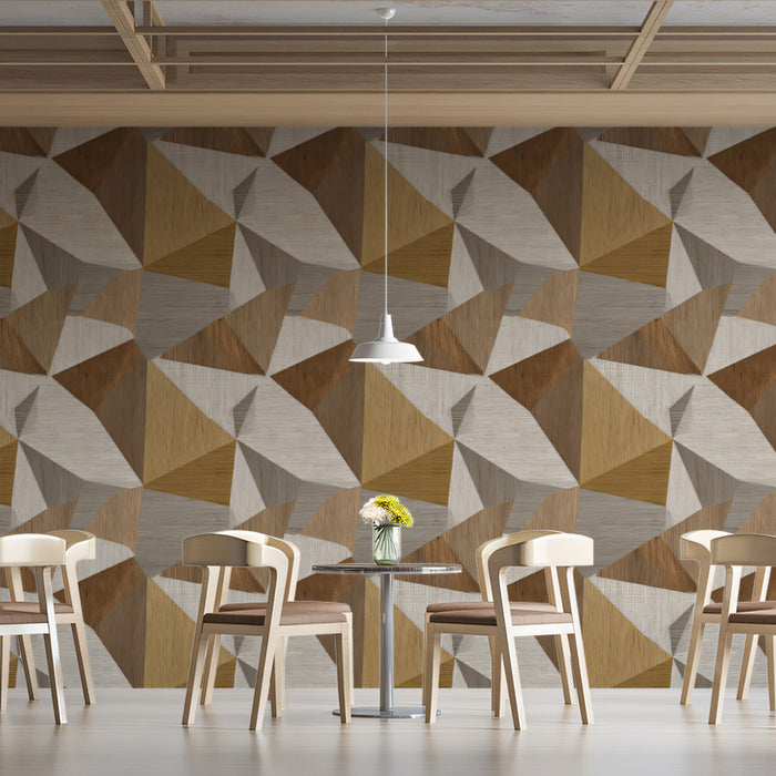 Interlocking Wood Grain Geometric Subtle 3D Cubes Repeating Print Mural Wallpaper | Earth Tones