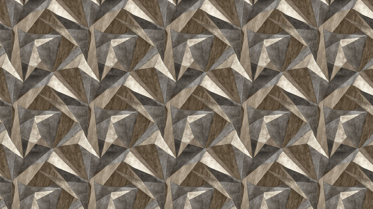 Dynamic Geometric Facet Interlocking 3D Forms Repeating Print Mural Wallpaper | Muted Greys Browns, Bold Modern